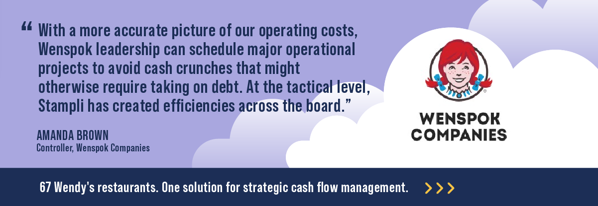 Quote: "With a more accurate picture of our operating costs, Wenspok leadership can schedule major operational projects to avoid cash crunches that might otherwise require taking on debt. At the tactical level, Stampli has created efficiencies across the board." - Amanda Brown, Controller, Wenspok Companies

Click the link to learn more about Stampli and strategic cash flow management for 67 of Wendy's restaurants. 